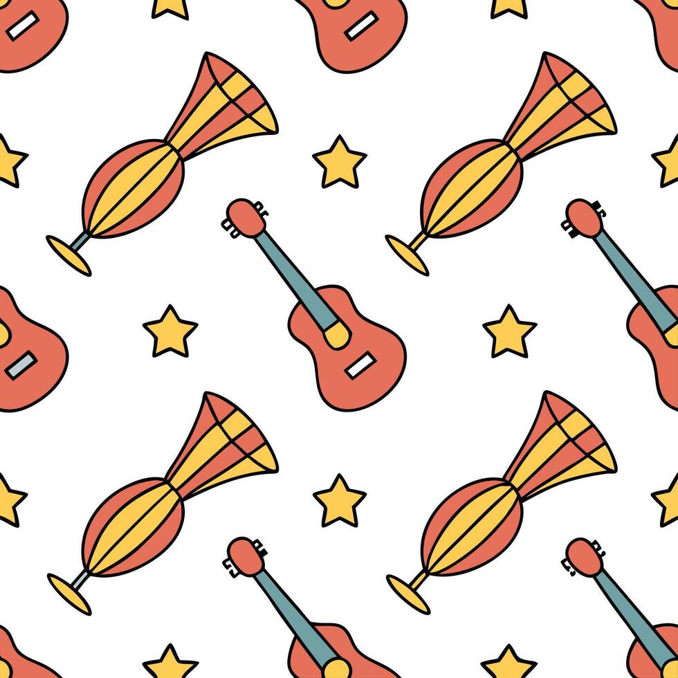 Flat Local festivals and traditional instruments seamless tile pattern with vibrant colors and dynamic shapes concept as Vibrant colors and dynamic shapes highlight local festivals Clean Pro vector