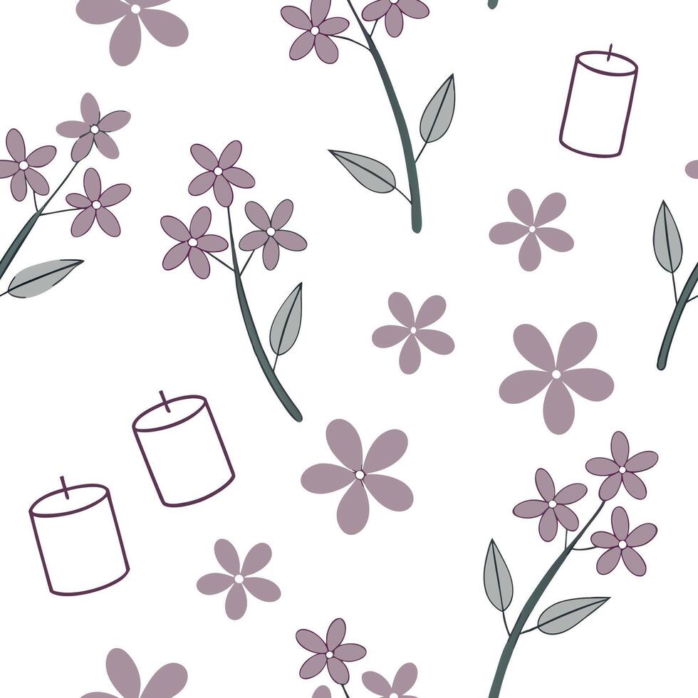 Flat Lilac and candles seamless pattern warm isolated white background ideal for cozy textiles branding packaging concept as Warm lilac and candles seamless pattern on white backgr Clean Pro vector