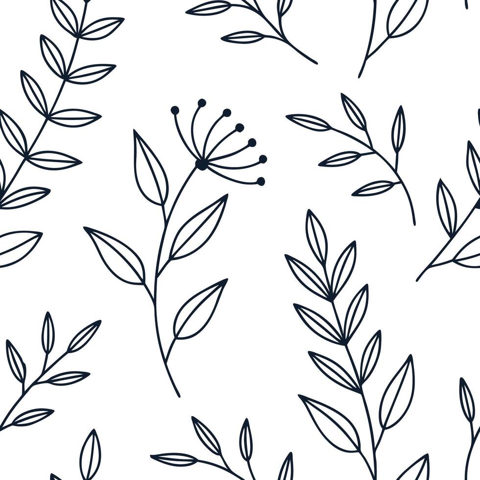 Flat Minimalist botanical illustration seamless tile pattern featuring simple line drawings of leaves and stems on a clean white background perfect for modern spaces concept as Sim Clean Pro vector
