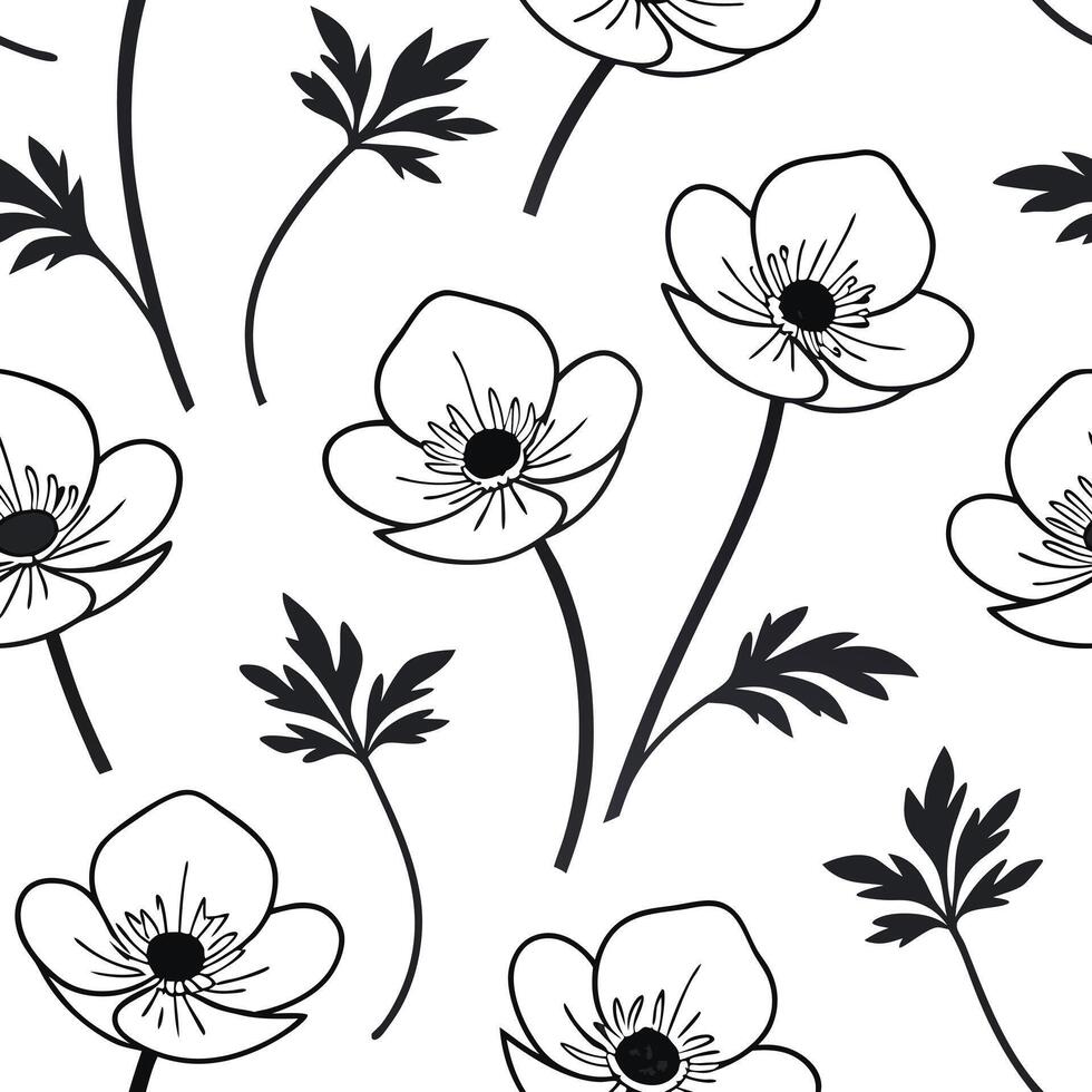 Flat Minimalist monochrome Anemone seamless pattern with simple lines on white background concept as Simple line monochrome Anemone flowers creating minimalist seamless pattern per Clean Pro vector