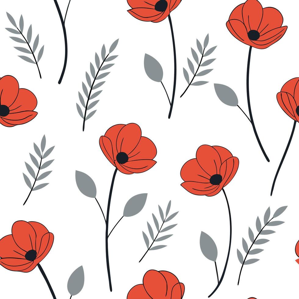 Flat Minimalist poppy seamless tile pattern with simple red blooms and soft grey accents ideal for modern kitchens concept as Simple red poppy blooms and soft grey accents create m Clean Pro 2 vector