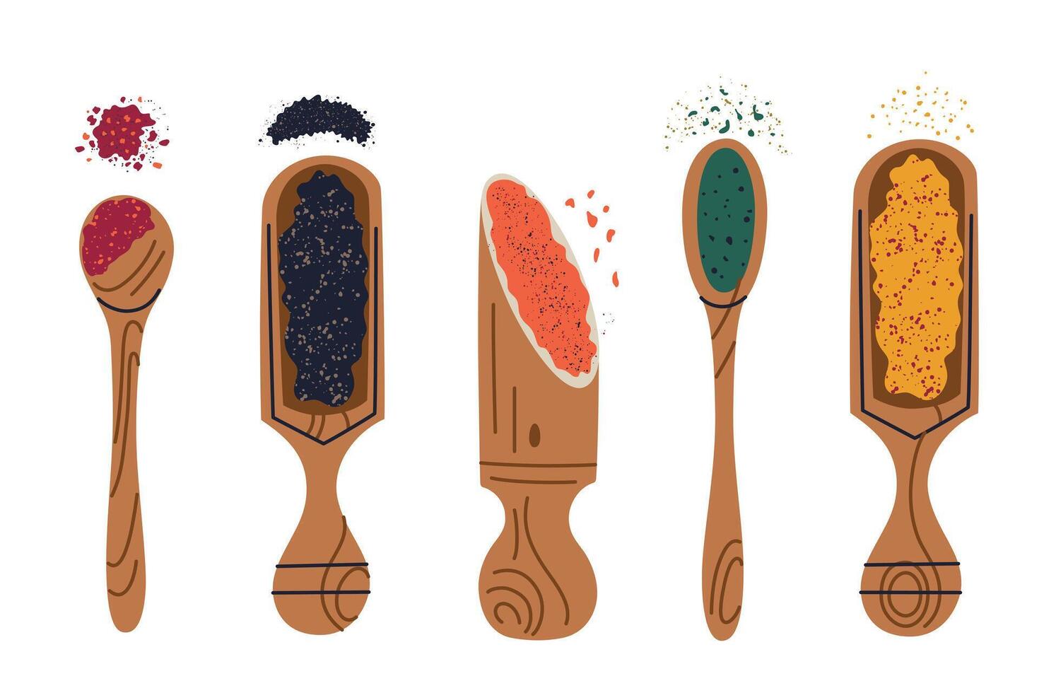 Flat cartoon illustrations of wooden spoons and spatulas with spices. Pepper, turmeric, paprika doodle icons for culinary, cooking, food, and kitchen visuals, recipes, and spice brand promotions vector