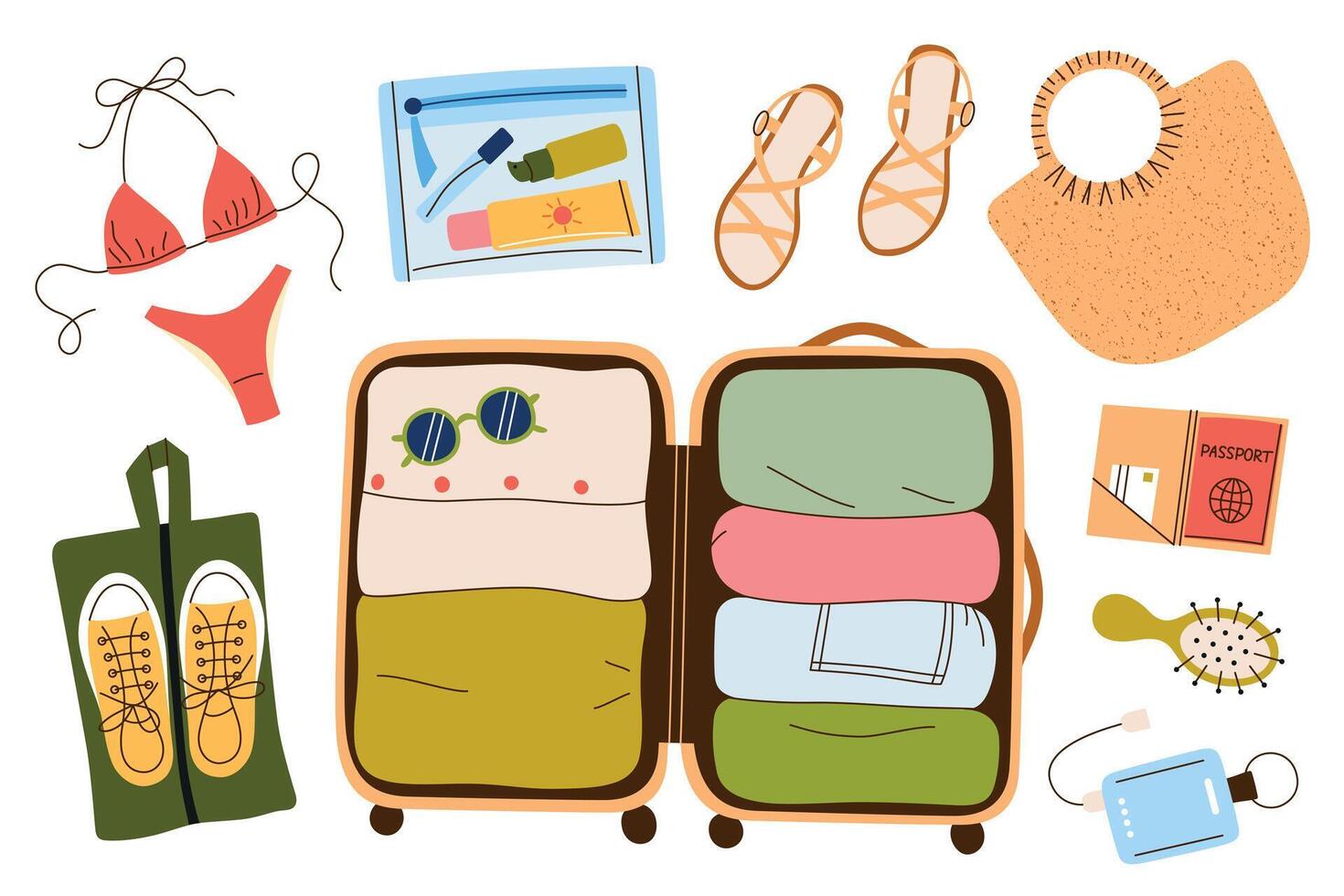 Collection of essential items for womens vacation. Flat cartoon illustrations of tropical getaway, stylish travel accessories, beachwear. Doodle icons for packing visuals, holiday preparations vector