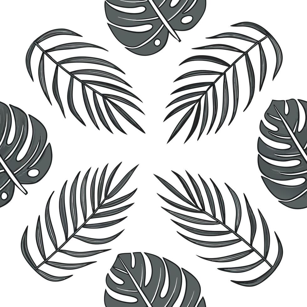 Flat Modern minimalist tropical leaves seamless tile pattern with simple monstera and palm outlines on a white background for sleek homes concept as Simple monstera and palm outlin Clean Pro vector