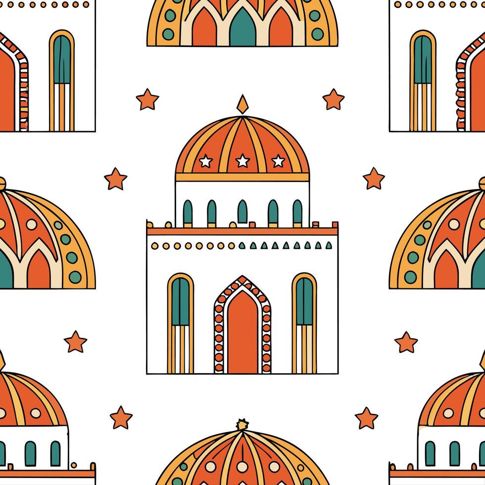 Flat Moroccan geometric patterns and intricate arches seamless tile design with vibrant colors concept as Vibrant colors showcase Moroccan geometric patterns and intricate arches i Clean Pro vector