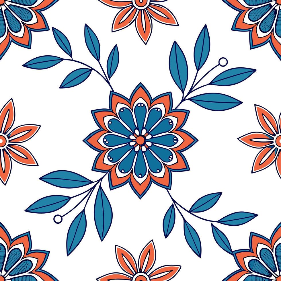 Flat Moroccan Floral Geometric seamless tile pattern with vibrant blues and intricate designs for exotic home decor concept as Vibrant Moroccan florals and intricate geometric desi Clean Pro vector