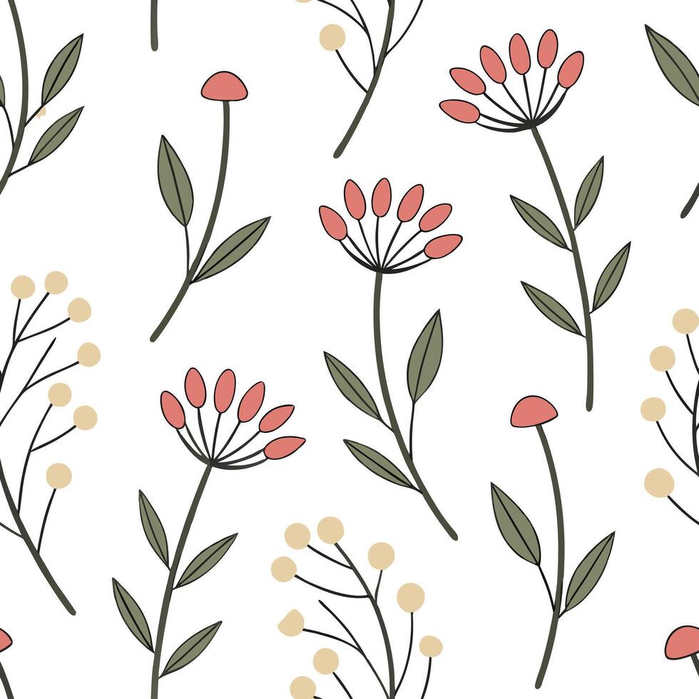 Flat Nature inspired spring garden seamless tile pattern with wildflowers and herbs for natural beauty concept as A seamless pattern featuring wildflowers and herbs for a rustic an Clean Pro vector