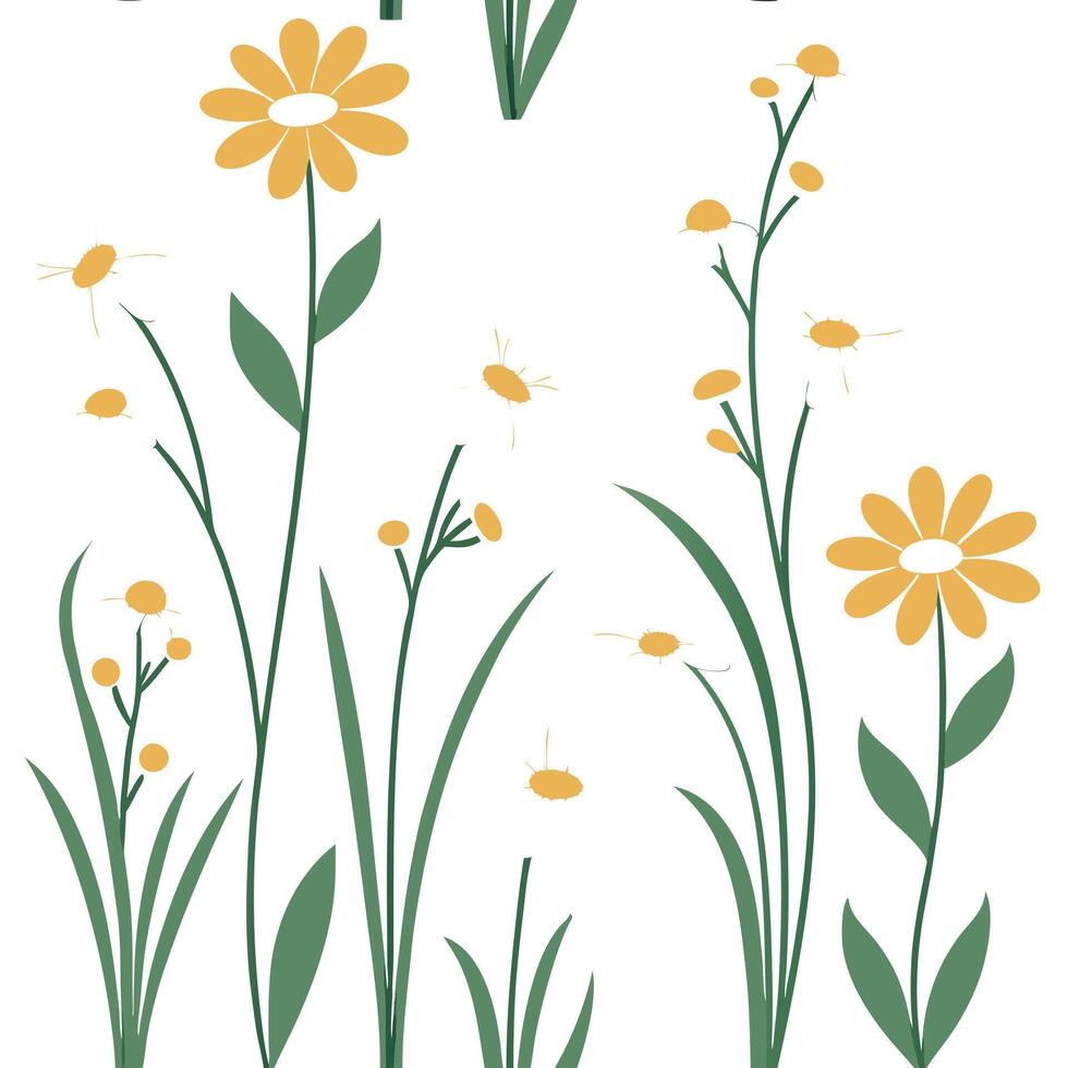 Flat Nature filled spring garden seamless pattern with daisies and buttercups for rustic garden charm concept as Rustic spring garden theme featuring daisies and buttercups arrange Clean Pro vector
