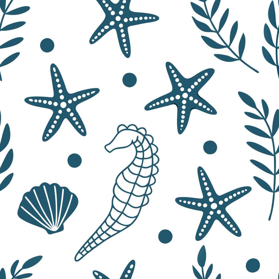 Flat Nautical seamless tile pattern with marine inspired floral motifs and oceanic color scheme for coastal homes concept as Marine inspired floral motifs with oceanic colors creat Clean Pro vector