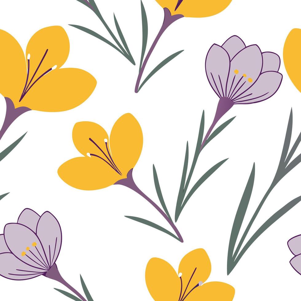 Flat New bloom flowers seamless tile pattern with bright yellow and soft purple hues representing a new season concept as Bright yellow and soft purple flowers bloom in a seamless Clean Pro vector