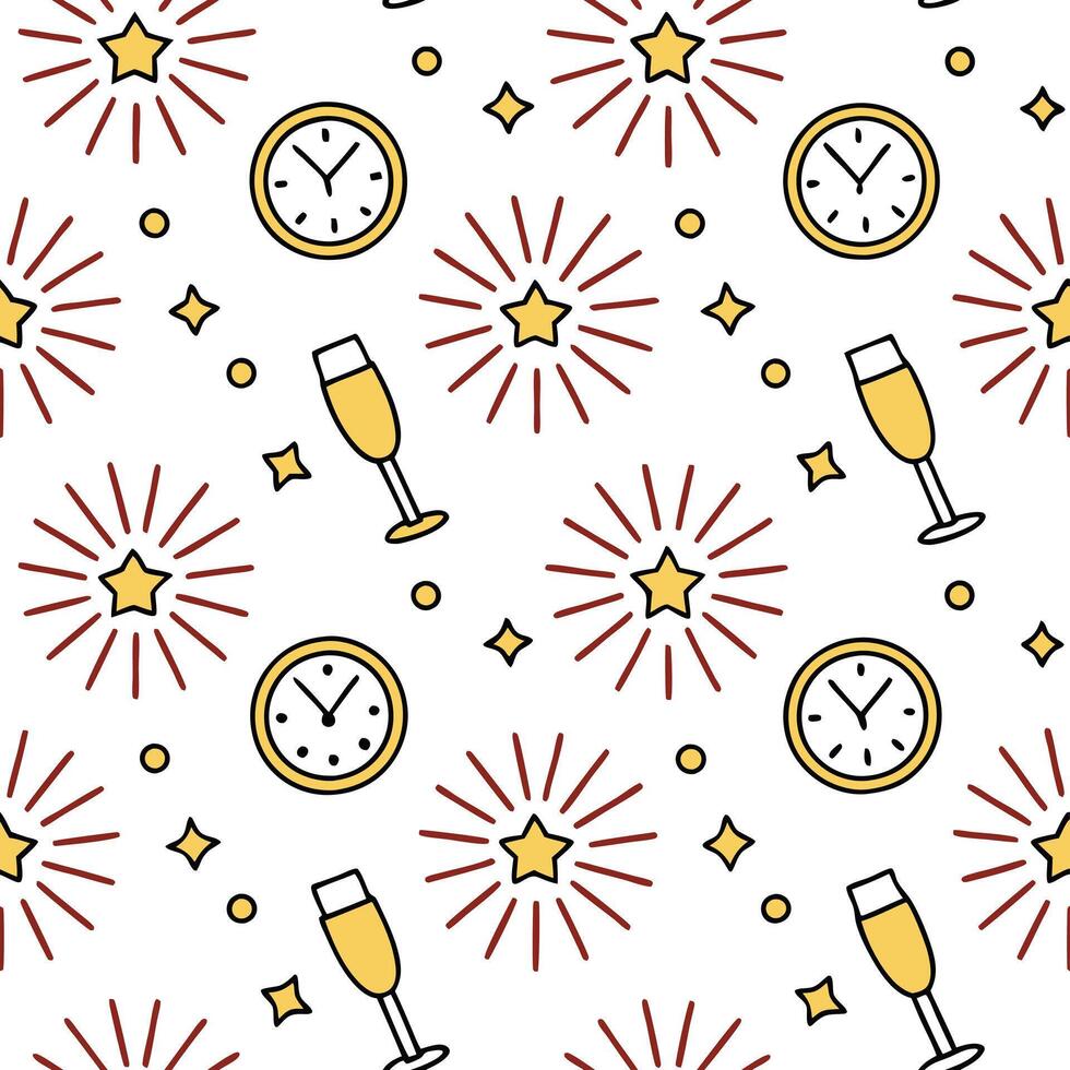 Flat New Year celebration seamless tile pattern with fireworks champagne glasses and festive countdown vibes concept as Fireworks champagne glasses clocks and glittering gold creat Clean Pro vector