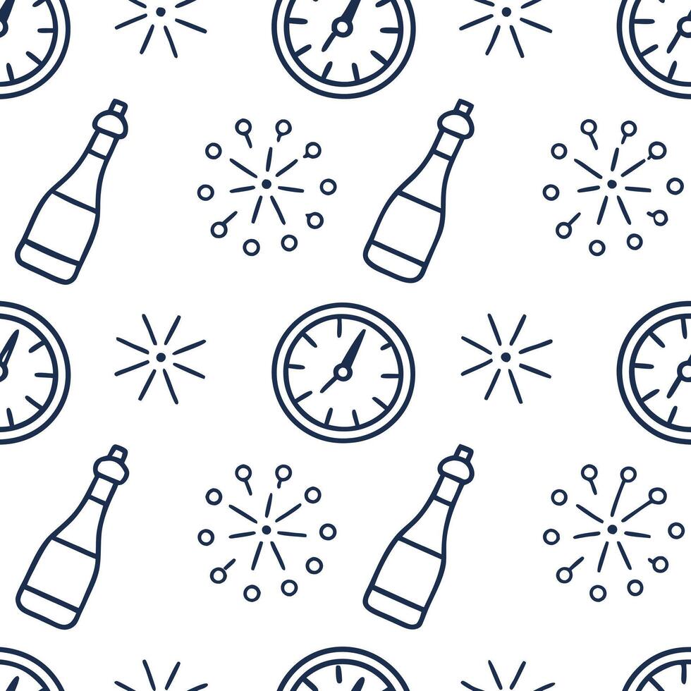 Flat New Year seamless pattern with clocks fireworks and champagne bottles to mark the countdown to the New Year concept as Time themed New Year pattern featuring clocks fireworks Clean Pro 2 vector