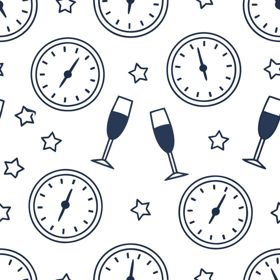 Flat New Year seamless pattern with clocks fireworks and champagne bottles to mark the countdown to the New Year concept as Time themed New Year pattern featuring clocks fireworks Clean Pro vector