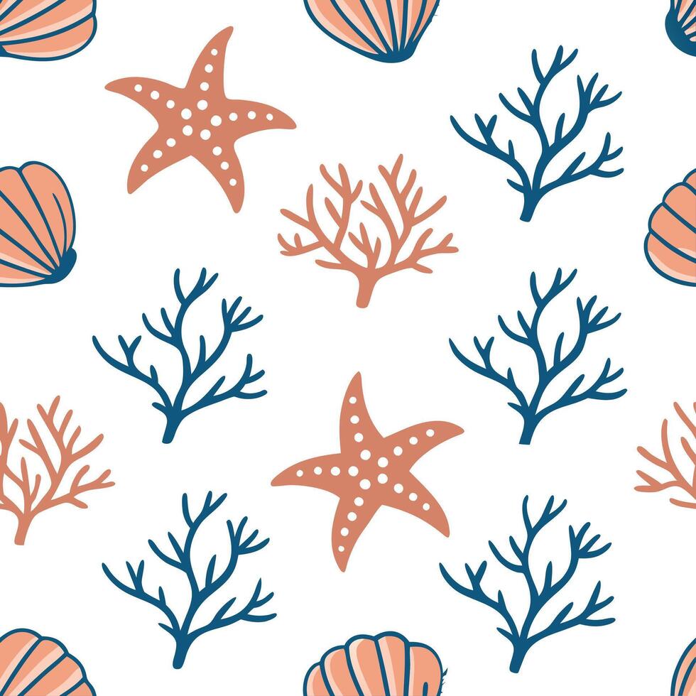 Flat Ocean inspired summer seamless tile pattern with coral reefs and sea creatures for coastal decor concept as Coral reefs and sea creatures arranged in a seamless pattern perfec Clean Pro vector