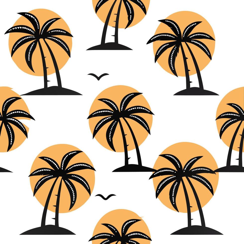 Flat Palm trees against a setting sun seamless tile pattern with vibrant tropical hues concept as Palm trees silhouette against a setting sun with vibrant tropical hues creates a s Clean Pro vector