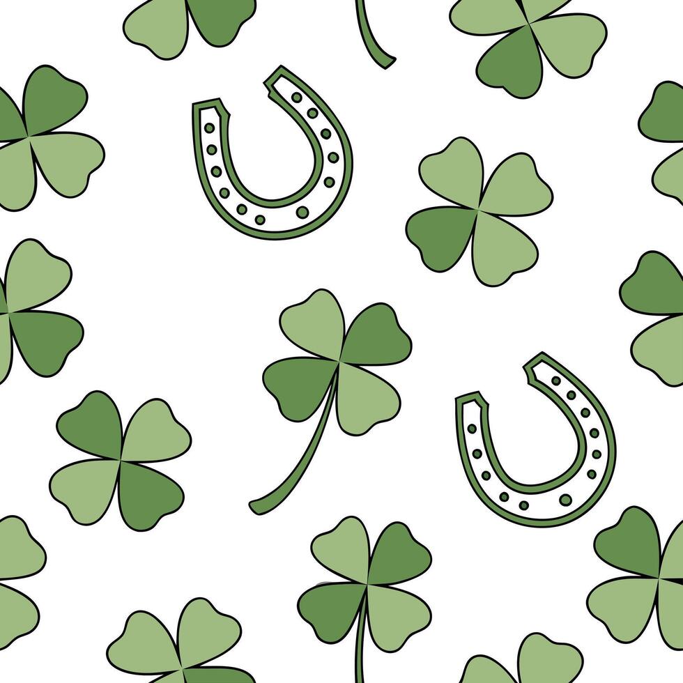 Flat Playful clovers and lucky horseshoes seamless tile pattern with cheerful green shades concept as Cheerful green shades highlight playful clovers and lucky horseshoes in seamle Clean Pro vector