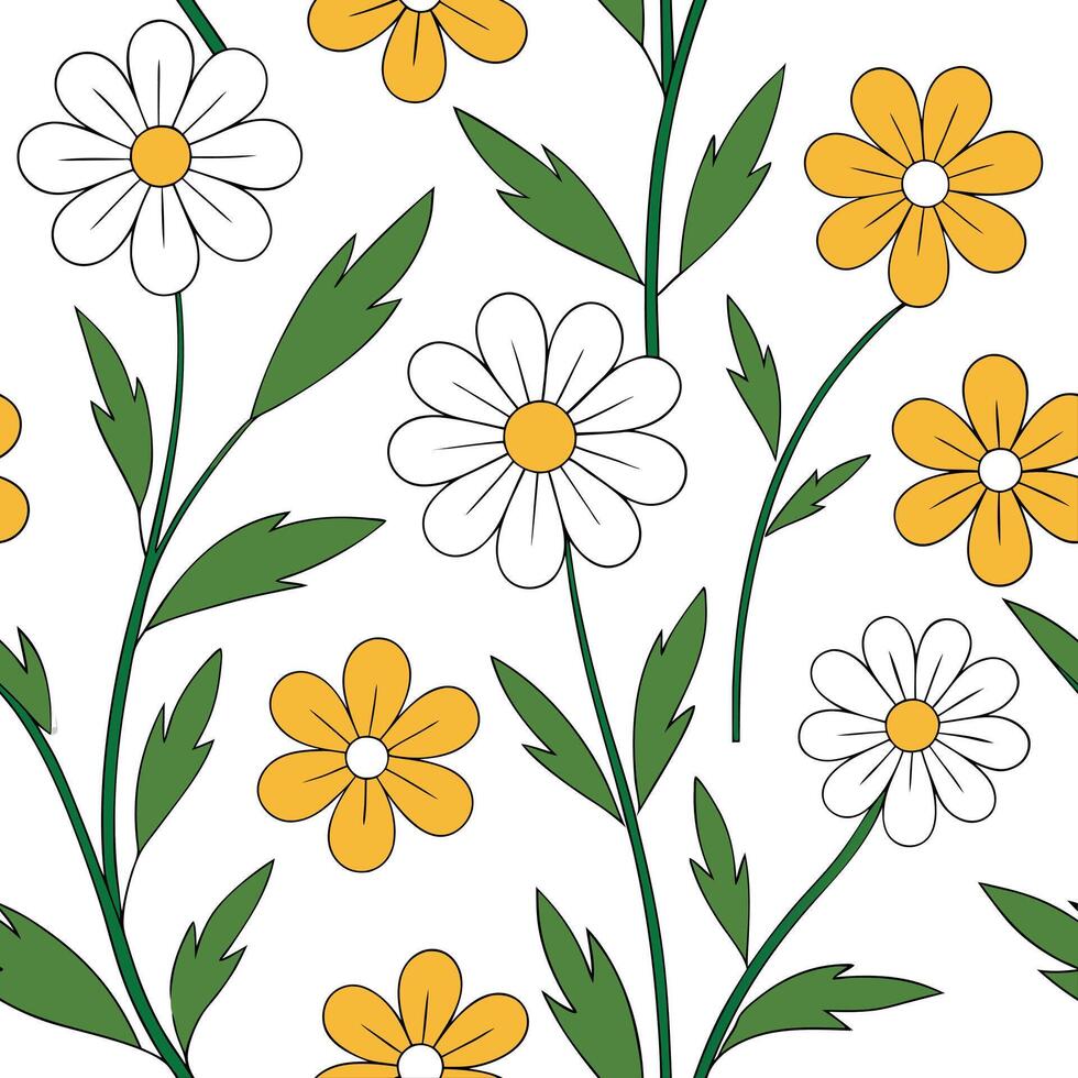 Flat Playful spring flower seamless pattern with daisies and buttercups for cheerful living rooms concept as Daisies and buttercups arranged in a playful seamless tile pattern to c Clean Pro vector