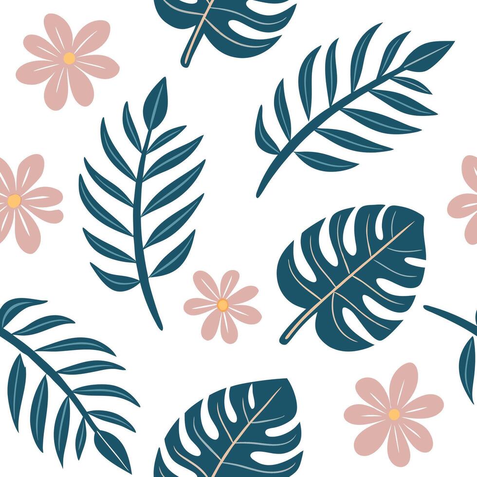 Flat Playful summer leaves seamless pattern with colorful tropical leaves and flowers for vibrant spaces concept as Colorful tropical leaves and flowers arranged seamlessly for a p Clean Pro 2 vector