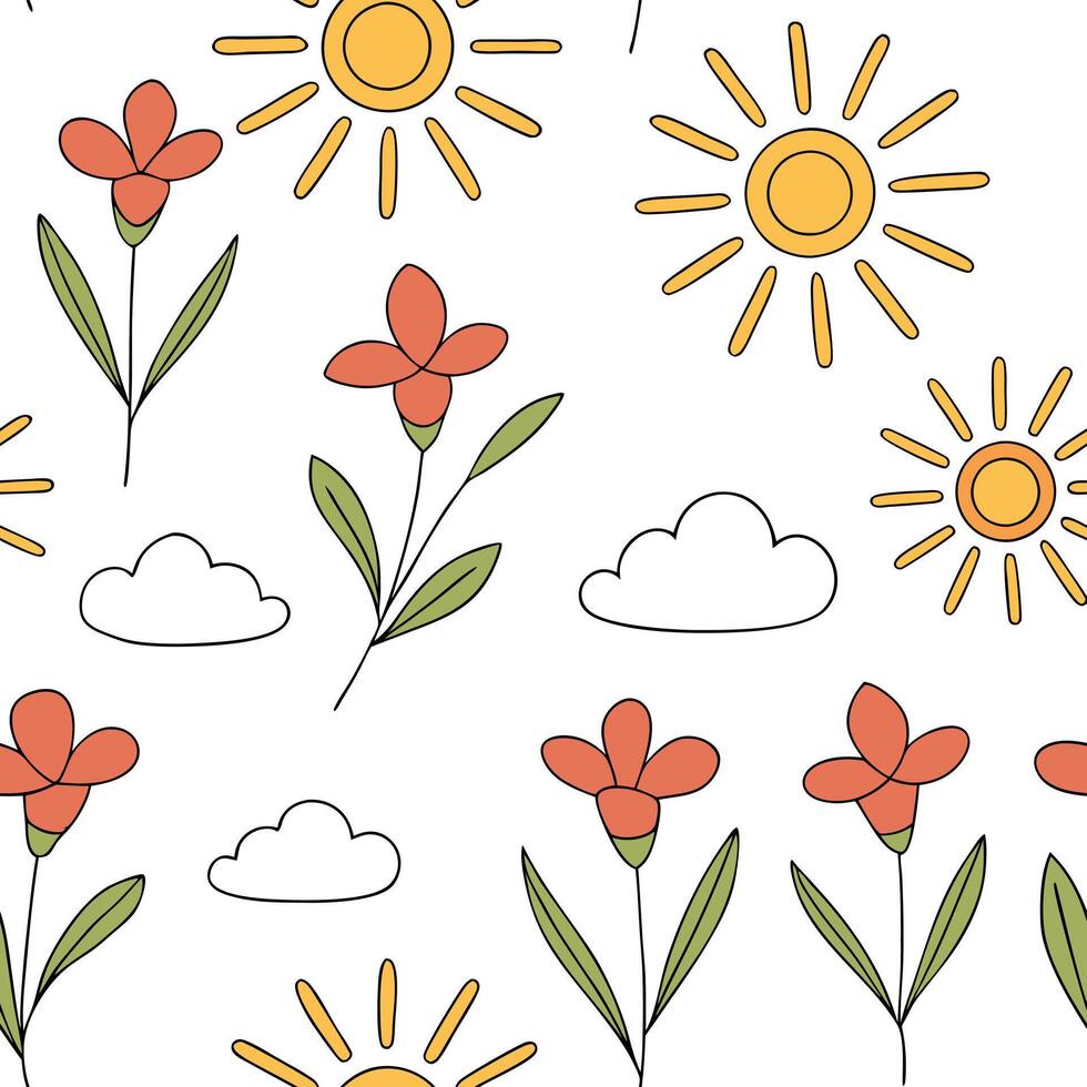 Flat Playful spring sunshine seamless pattern with bright rays and whimsical clouds for fun energetic designs concept as Fun spring sunshine pattern with bright rays and whimsical Clean Pro 3 vector
