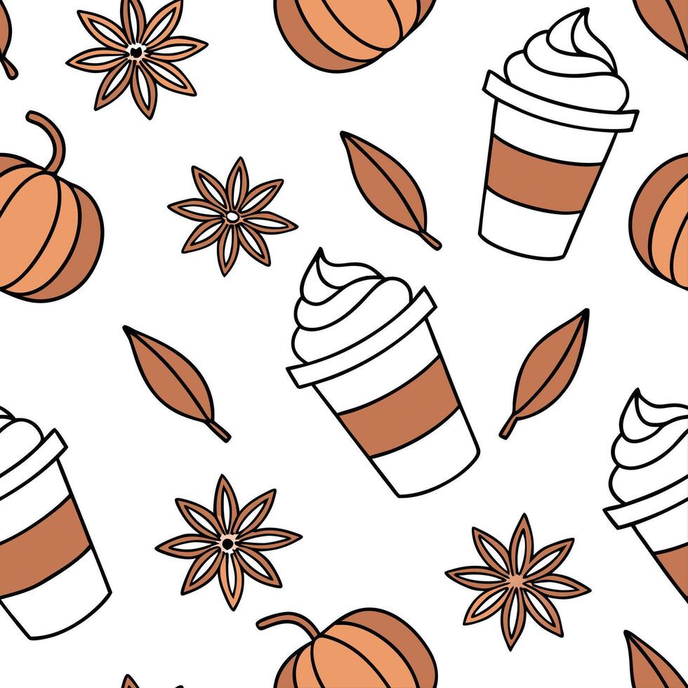 Flat Pumpkin spice latte seamless tile pattern with autumn inspired colors and cozy vibes concept as Warm pumpkin spice latte motifs in autumn colors create a cozy seamless tile pa Clean Pro vector