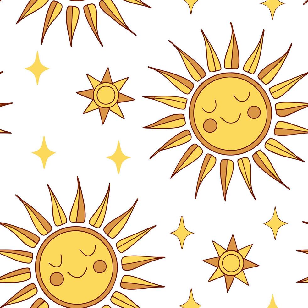 Flat Radiant summer sun seamless tile pattern with golden rays and sunset hues for peaceful sunlit spaces concept as Golden rays and sunset hues arranged seamlessly to bring a peac Clean Pro vector