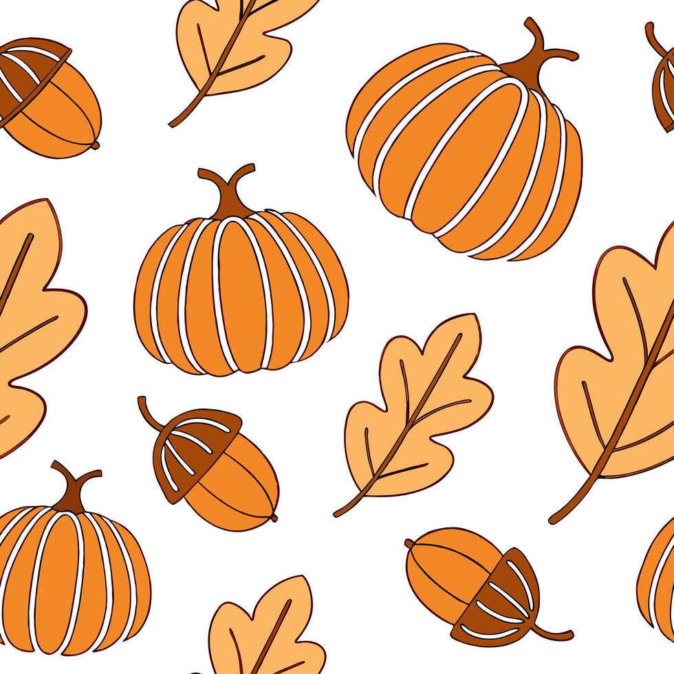 Flat Pumpkin and acorn seamless tile pattern with autumn elements and warm tones for seasonal decor concept as Pumpkins and acorns combined with other autumn elements in warm tones Clean Pro vector