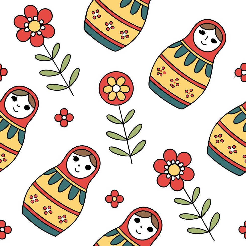 Flat Russian Matryoshka dolls and folk patterns seamless tile pattern with vibrant colors and traditional designs for cultural decor concept as Vibrant Matryoshka dolls and traditi Clean Pro vector