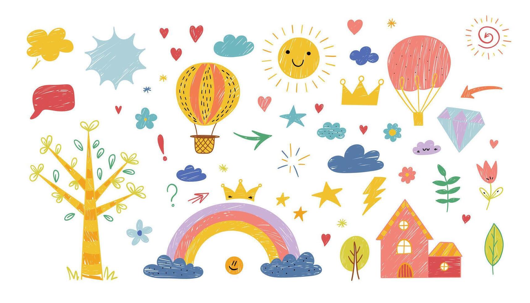 Set of cute hand drawn elements for children's creativity. Kids doodles. illustration. vector