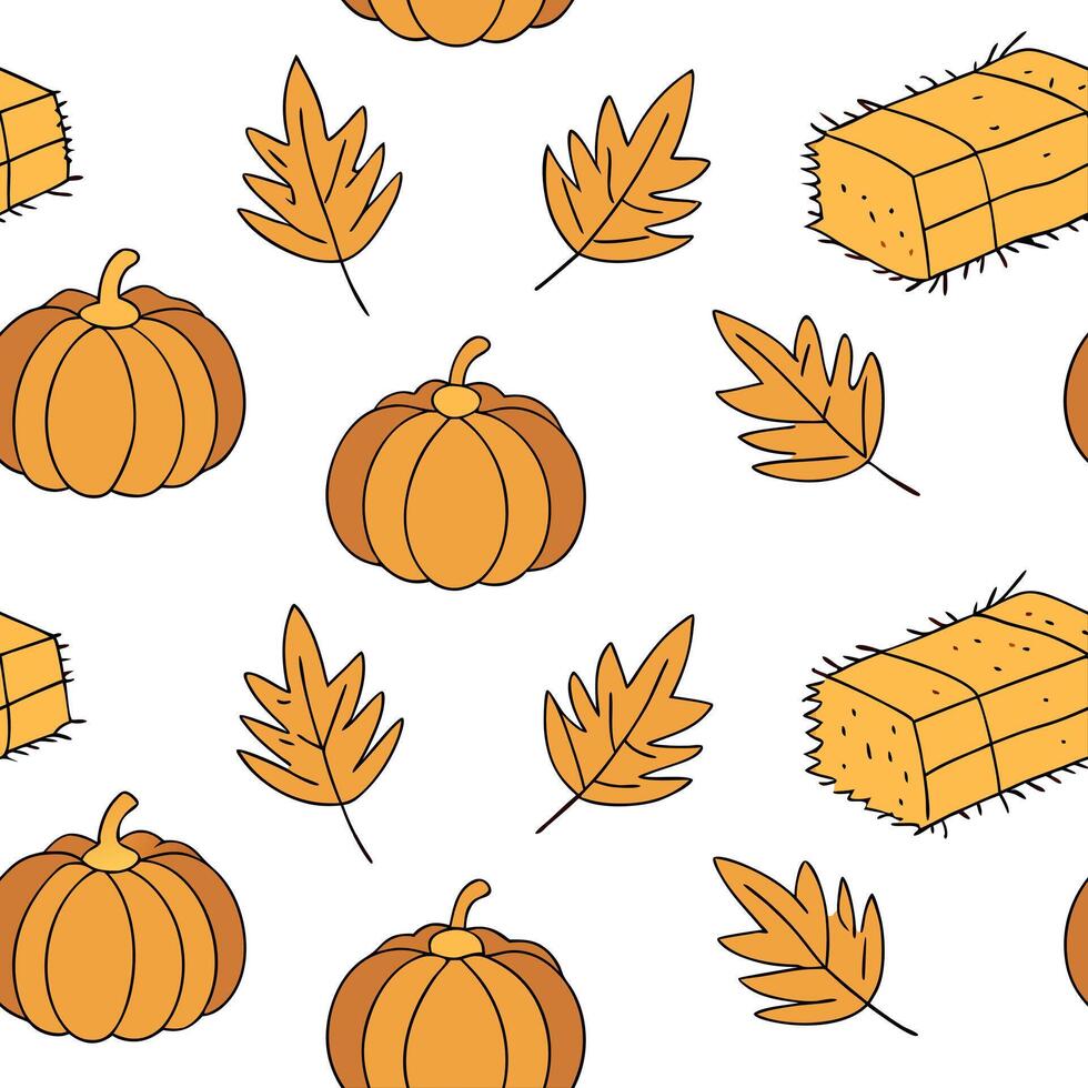 Flat Rustic autumn harvest seamless tile pattern with hay bales pumpkins and fall leaves concept as Hay bales pumpkins and fall leaves create a rustic autumn harvest seamless tile Clean Pro vector