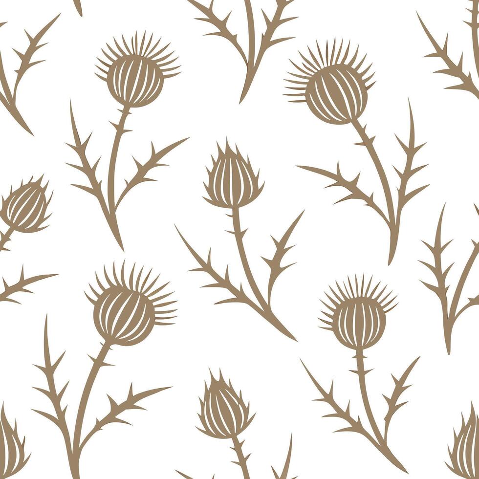 Flat Rustic botanical illustration seamless tile pattern with hand drawn thistles and wild herbs in muted earth tones for farmhouse decor concept as Hand drawn thistles and wild he Clean Pro vector