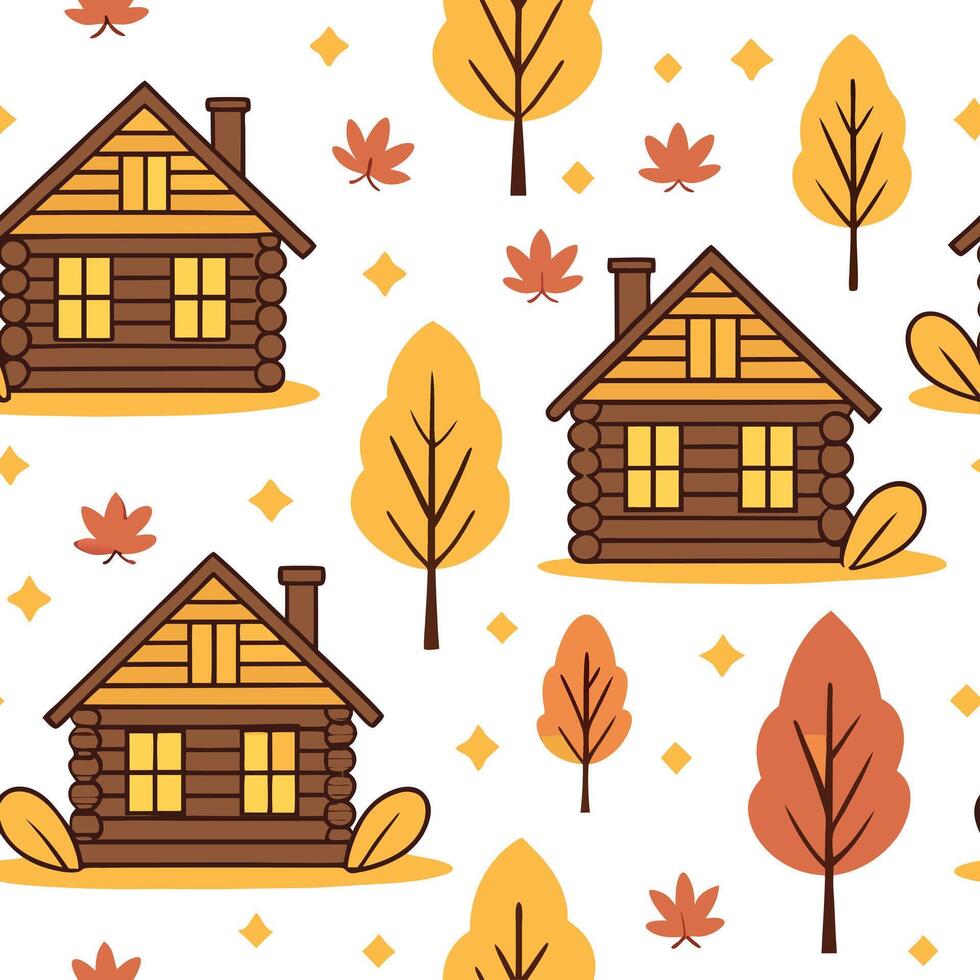 Flat Rustic wooden cabin seamless tile pattern with warm lights and autumn foliage concept as Warm lit rustic cabins surrounded by autumn foliage create a seamless tile pattern per Clean Pro vector