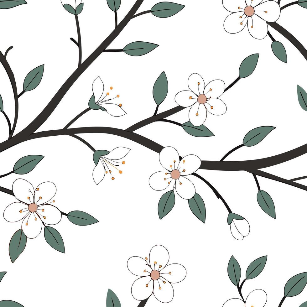 Flat Serene spring nature seamless pattern with gentle tree branches and subtle flower details for calming decor concept as Calming spring nature pattern with tree branches and del Clean Pro vector