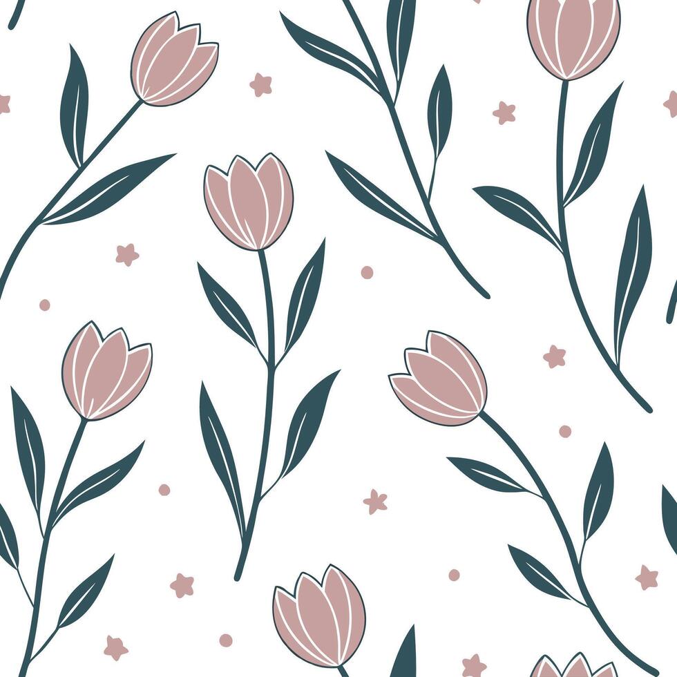 Flat Shabby Chic tulip seamless tile pattern with distressed tulips and soft pastel accents on white background ideal for charming spaces concept as Distressed tulips and soft past Clean Pro vector