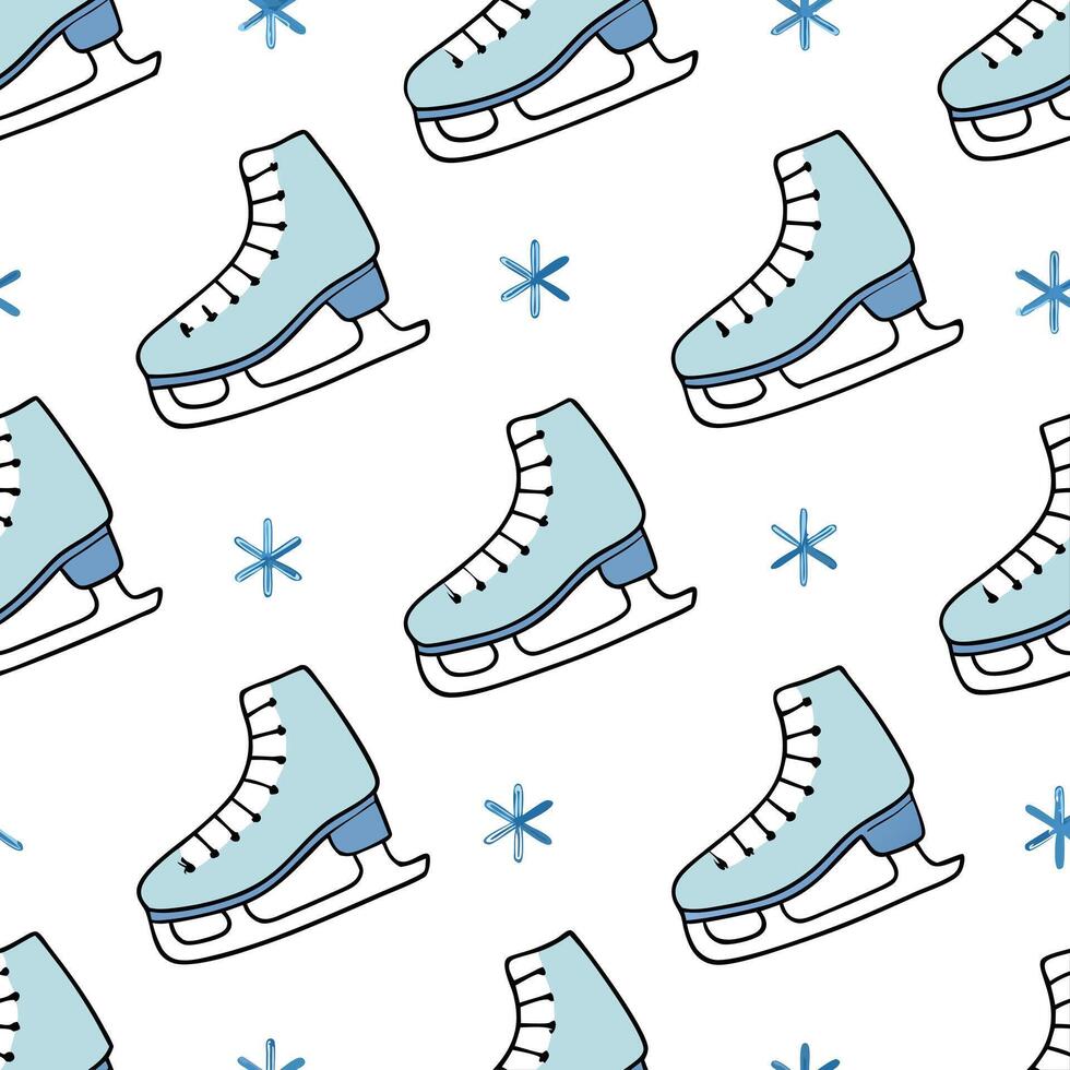 Flat Sparkling ice skates and snowflakes seamless tile pattern with winter sports flair concept as Ice skates adorned with sparkling snowflakes create a seamless tile pattern with Clean Pro vector