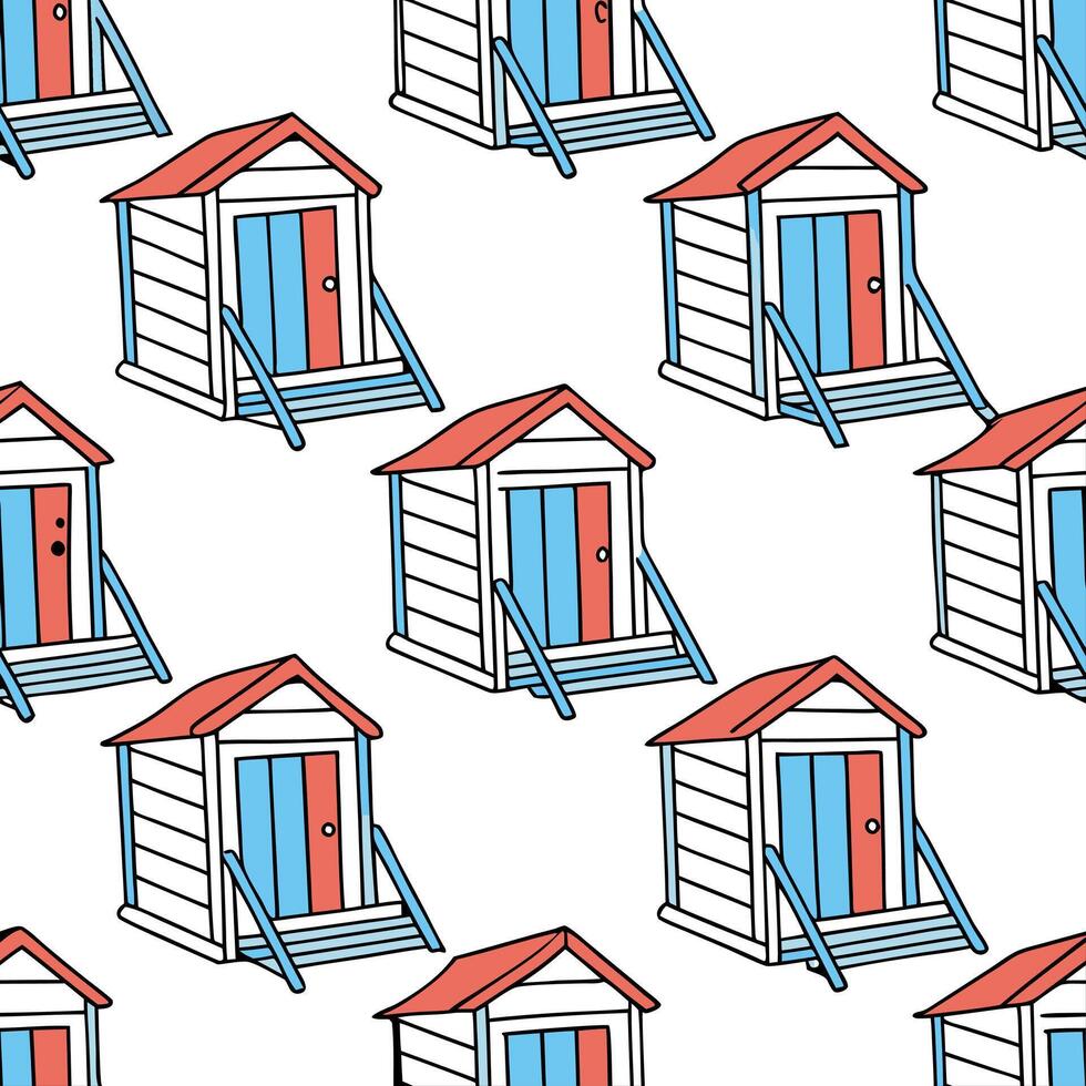 Flat Summer beach cabanas seamless tile pattern with cool shades and vibrant beachside charm concept as Vibrant summer beach cabanas with cool shades and beachside charm create a s Clean Pro vector