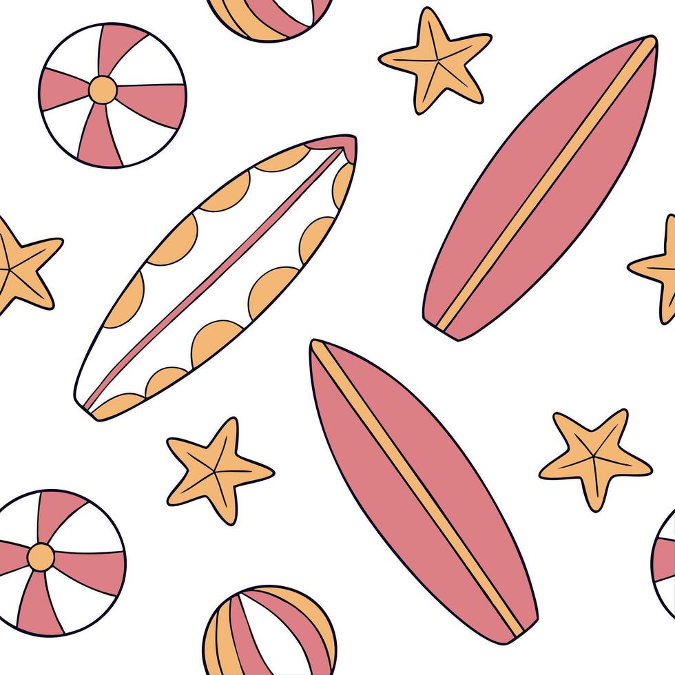 Flat Summer surfboards seamless tile pattern with colorful boards and fun beach designs concept as Colorful surfboards and playful beach patterns create a seamless tile design perf Clean Pro vector