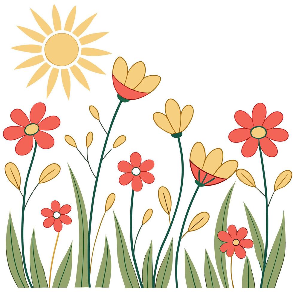 Flat Sun kissed garden flowers seamless tile pattern with golden rays highlighting vibrant blooms concept as Golden sun rays highlight vibrant garden flowers creating a seamless ti Clean Pro vector