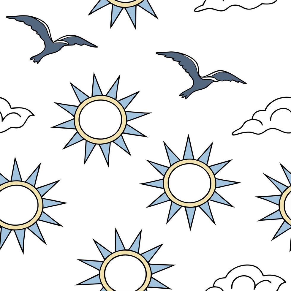 Flat Sunlit summer seamless pattern with sun rays and blue sky accents for an airy open atmosphere concept as Sun rays and blue sky accents arranged seamlessly for creating an airy Clean Pro vector