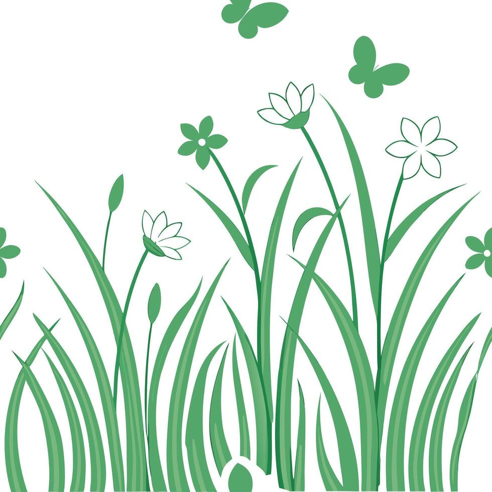 Flat Sunlit grass and flowers seamless tile pattern with gentle spring breezes and vibrant green hues concept as Sunlit grass and flowers sway in a gentle spring breeze creating a Clean Pro vector
