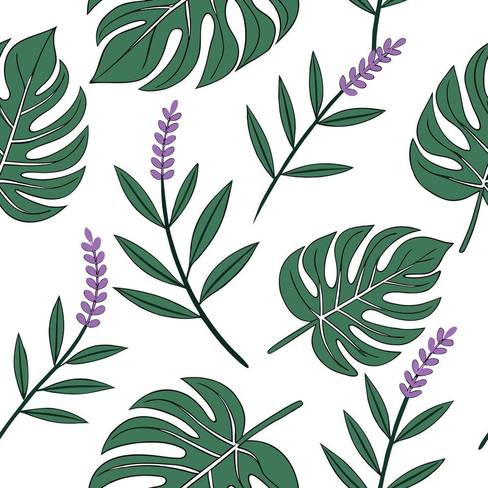 Flat Tropical lavender seamless tile pattern with lush green leaves and vibrant lavender centers on white background ideal for sunny lounges concept as Lush green leaves and vibran Clean Pro vector