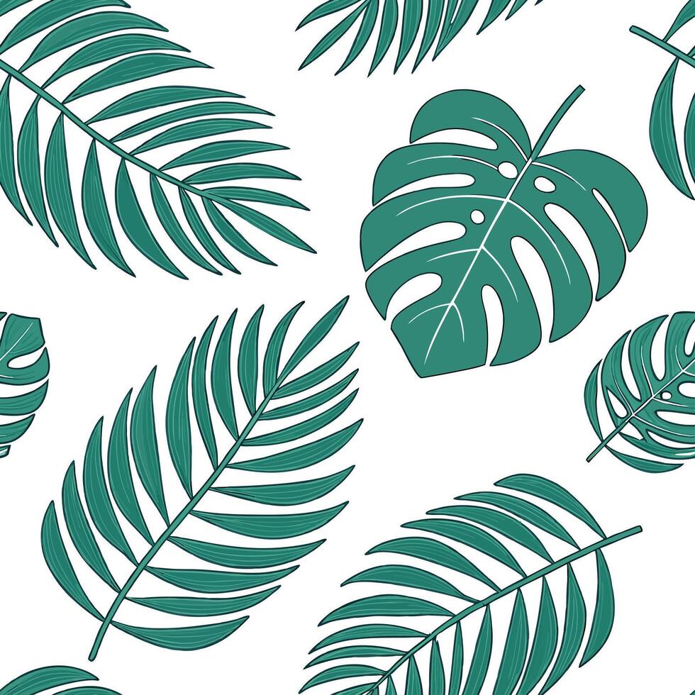Flat Tropical leaves seamless tile pattern with oversized monstera and palm leaves and vibrant green hues for bold statement walls concept as Oversized monstera and palm leaves wit Clean Pro vector