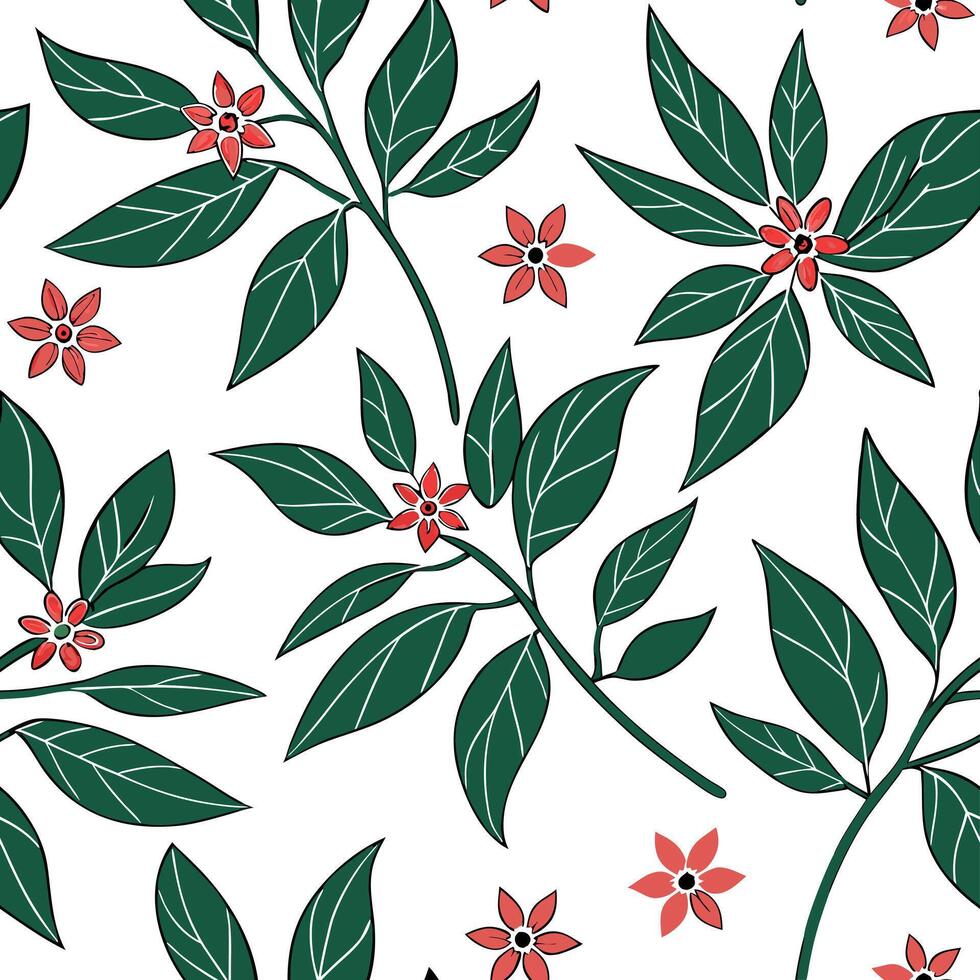 Flat Tropical poinsettia seamless tile pattern with lush green stems and vibrant poinsettia clusters on white background ideal for sunny lounges concept as Lush green poinsettia st Clean Pro vector