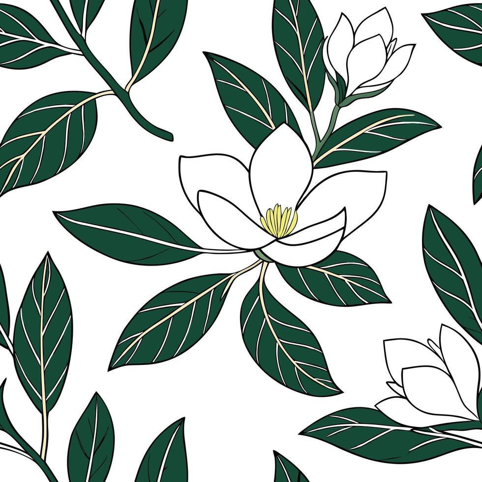Flat Tropical magnolia seamless tile pattern with lush green leaves and vibrant magnolia centers on white background ideal for sunny lounges concept as Lush green magnolia leaves a Clean Pro 2 vector