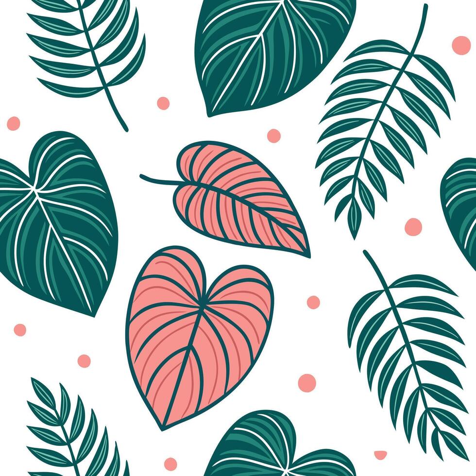 Flat Tropical Pilea seamless pattern with vibrant colors and exotic elements on white concept as Vibrant tropical Pilea leaves with exotic elements forming a lively seamless patter Clean Pro vector
