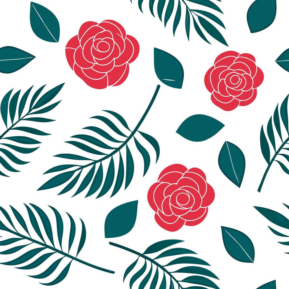 Flat Tropical rose seamless tile pattern with vibrant pink roses and tropical leaves on a white background ideal for sunny kitchens concept as Vibrant pink roses and tropical leave Clean Pro 2 vector