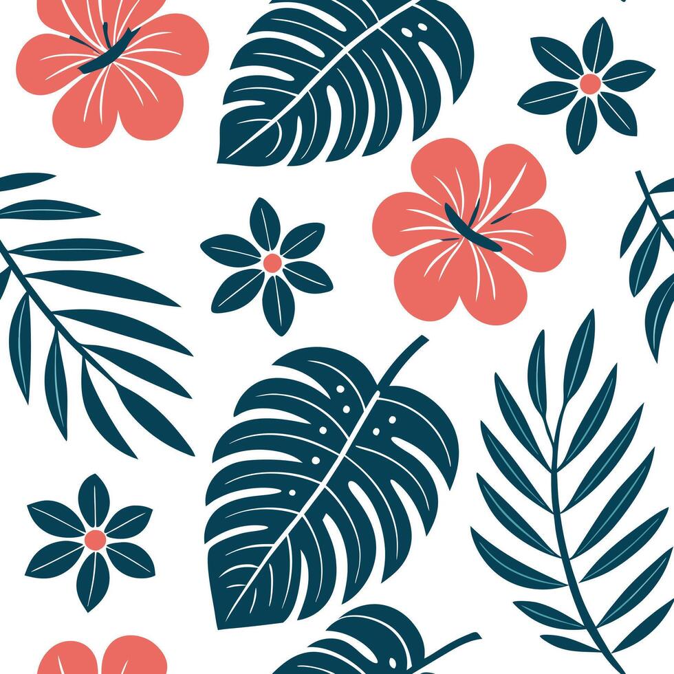 Flat Tropical seamless tile pattern featuring vibrant flowers and lush leaves with high contrast colors suitable for beach themed spaces concept as Vibrant flowers and lush leaves Clean Pro vector