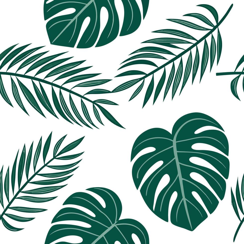Flat Tropical summer leaves seamless tile pattern with monstera and palm leaves for exotic decor concept as Exotic monstera and palm leaves arranged seamlessly to create a tropical Clean Pro vector