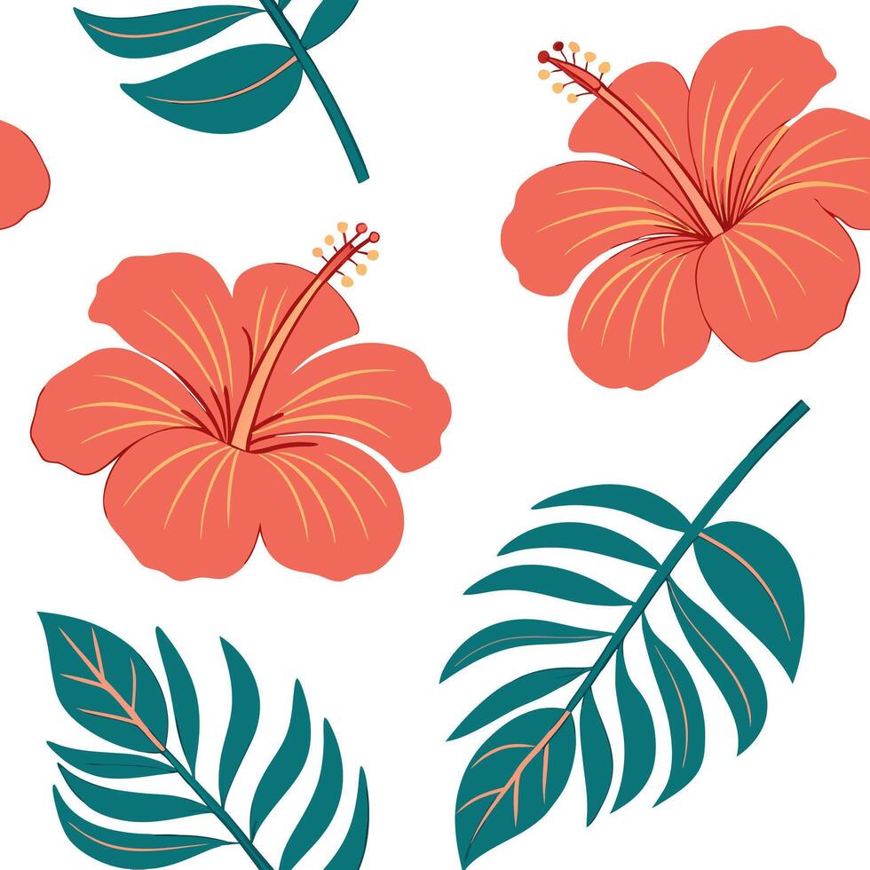 Flat Tropical summer flowers seamless pattern with exotic florals and bright warm hues for an adventurous summer vibe concept as Exotic summer flowers pattern with tropical florals Clean Pro vector