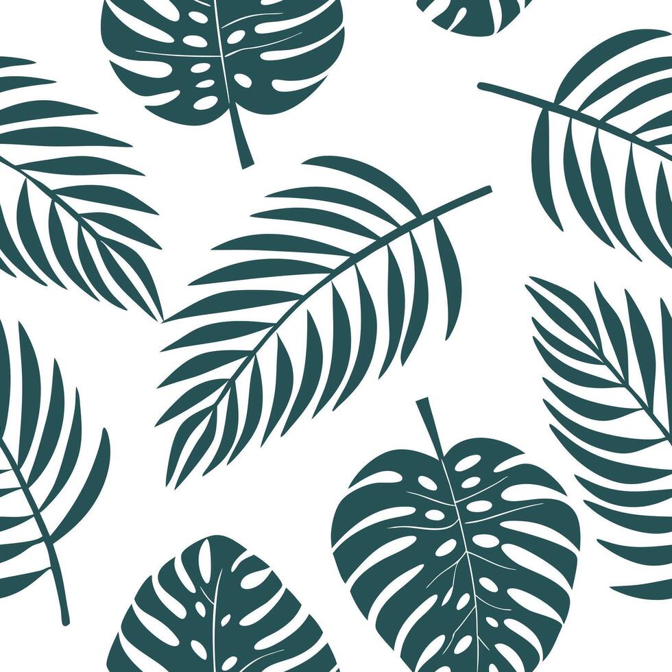 Flat Tropical summer leaves seamless tile pattern with monstera and palm leaves for exotic decor concept as Exotic monstera and palm leaves arranged seamlessly to create a tropical Clean Pro 2 vector