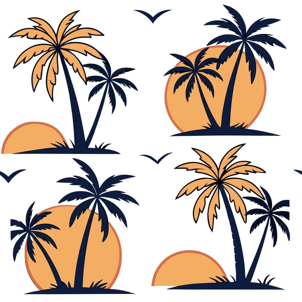Flat Tropical sunset palm trees seamless pattern vibrant isolated white background great for summer themes beach decor merchandise concept as Tropical sunset palm trees seamless pa Clean Pro vector